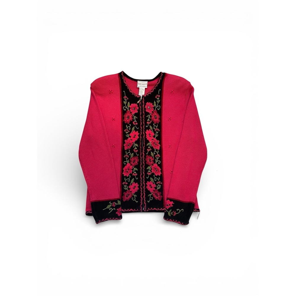 Napa Valley Petites Vintage Red Knit Cardigan Black Floral ‎ Embroidered Trim S